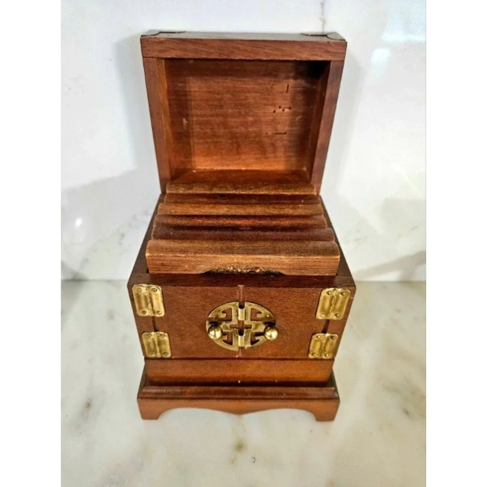 Vintage Asian Style Wooden Trinket Box with Brass Accents and Coasters